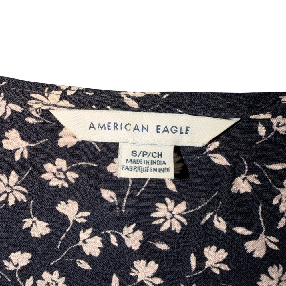 American Eagle Womens Small Black Floral Long Sleeve V-Neck Elastic Hem Blouse - Picture 5 of 9